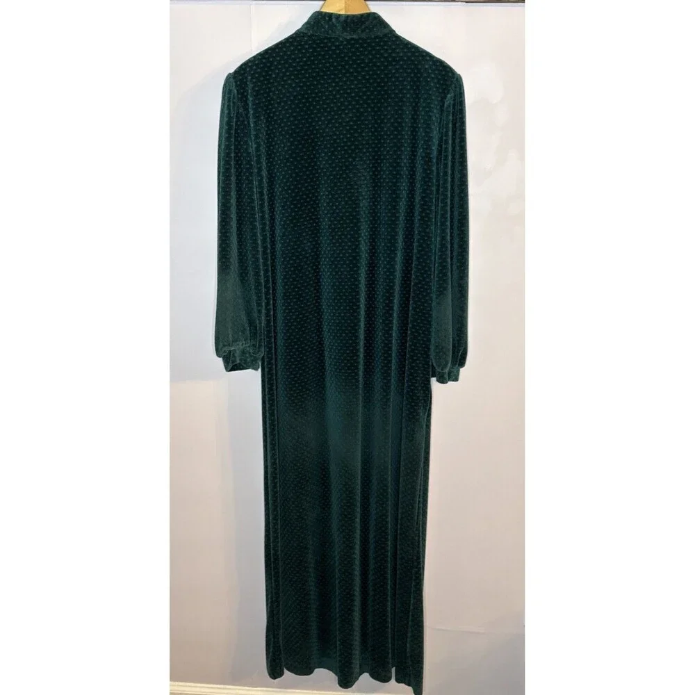 Styled By Say~Lu Vtg‎ Green Velour Robe Long Zip Up Pleat Pintuck Nightgown Med